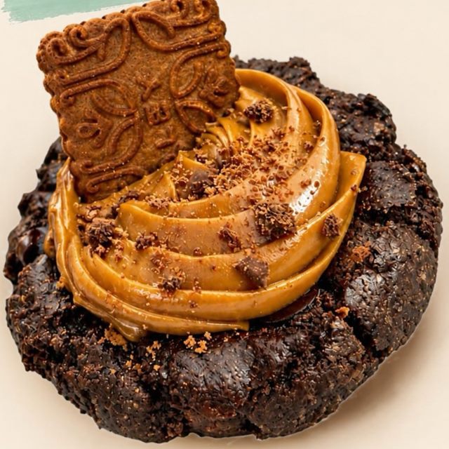 Cookie de chocolate con un copo de dulce de leche, chocolate rallado y una galletita.