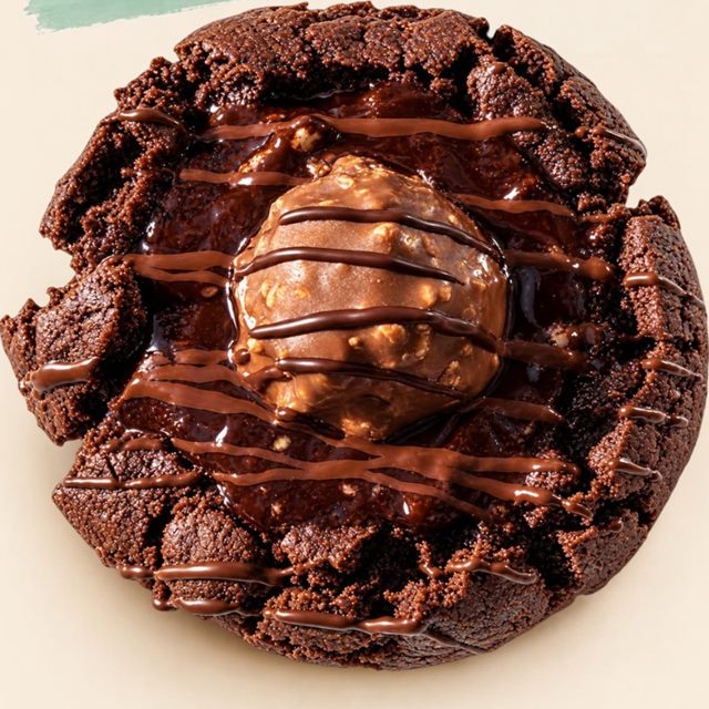 Cookie de chocolate con un bombón Ferrero y chocolate derretido.