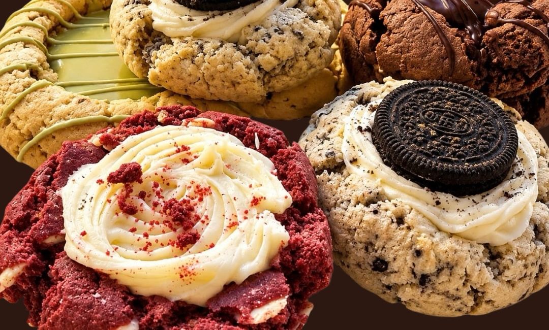 Cookies rellenas de La Tilde: red velvet con frosting, Oreo, chocolate y una con cobertura verde.